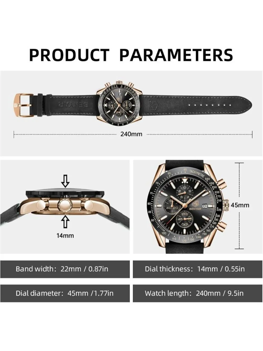 Mens Gold Black Analog Silicone Strap Chronograph Luminous Designer Casual Watch